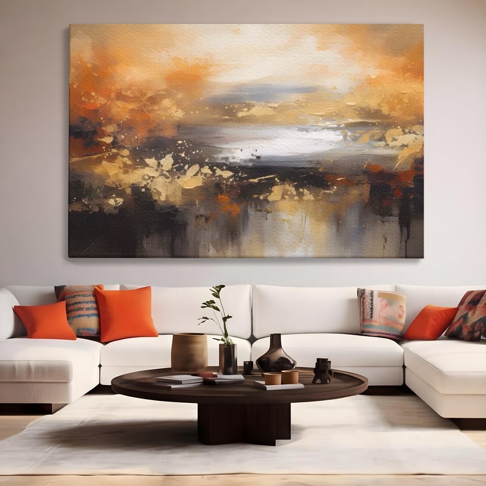 Tablou canvas cu tablou canvas peisaj abstract orizontal, fara rama, pe sasiu de lemn, pe perete intr-un living